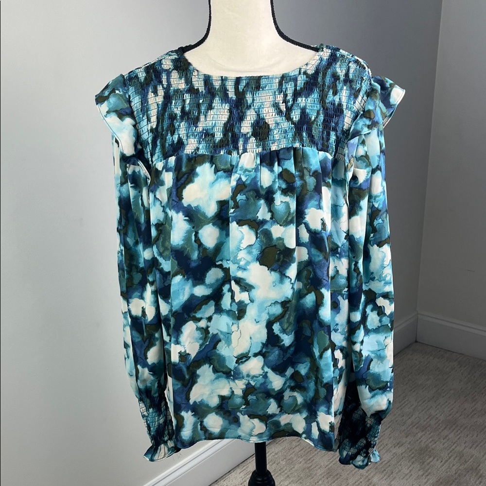 Sharagano Women’s XL Blue Teal Watercolor Floral Smocked Yoke Boho Blouse